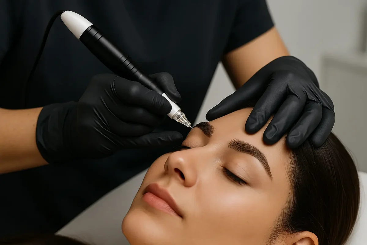 Técnica profesional de micropigmentacion de cejas con dermógrafo en cabina estética