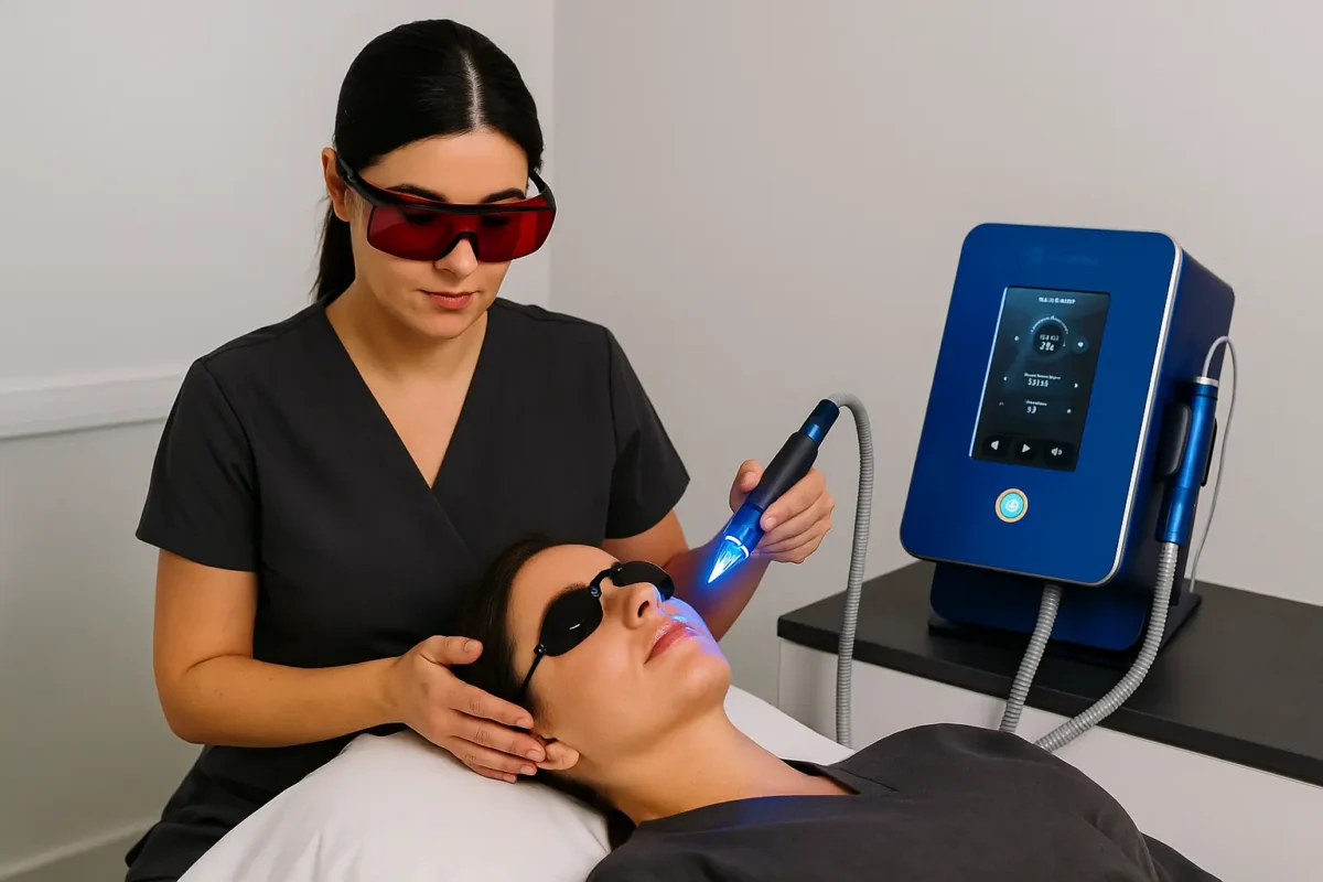 Tratamiento estético con láser azul aplicado por esteticista