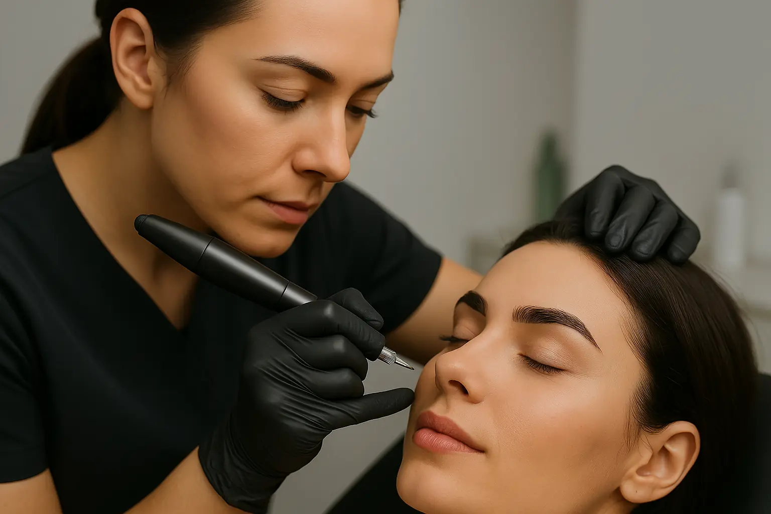 Técnica de PMU aplicada por profesional sobre cejas de una clienta en un entorno estético higiénico