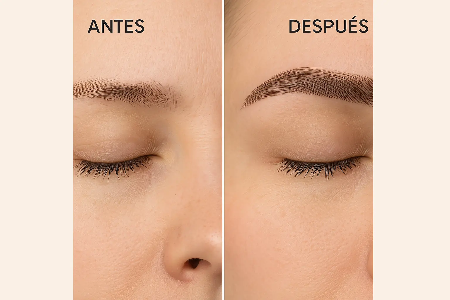 Antes y después de un tratamiento de cejas con técnica Hair Stroke, mostrando el efecto pelo a pelo natural.
