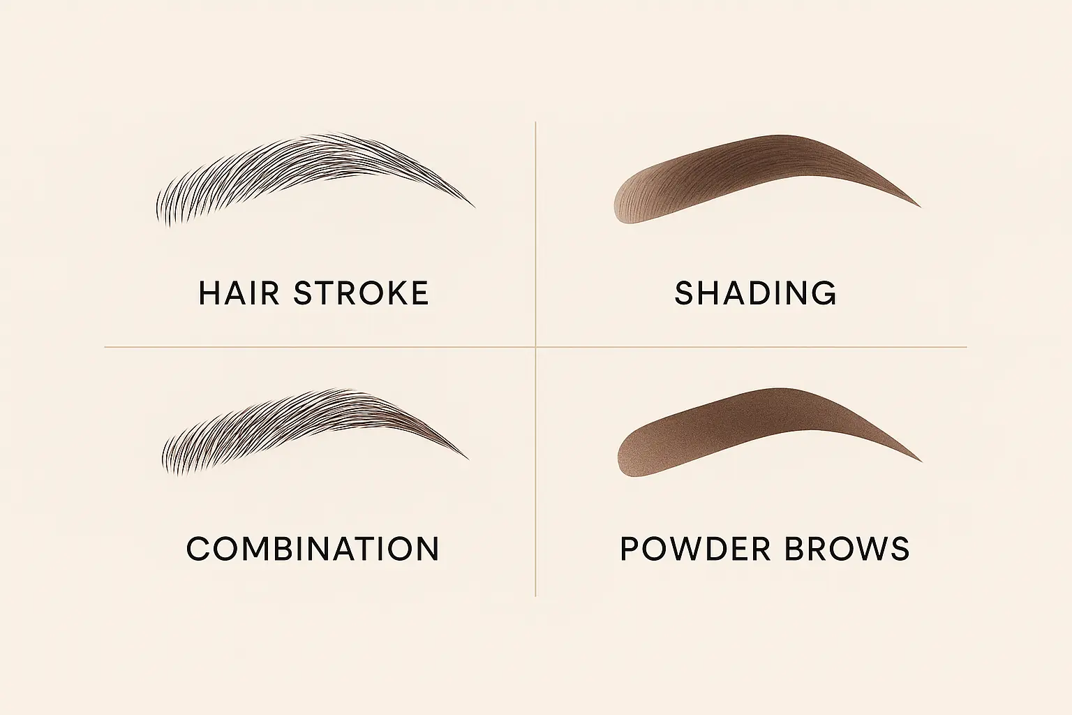 Comparativa visual de técnicas de micropigmentación en cejas: Hair Stroke, Shading, Combination y Powder Brows.