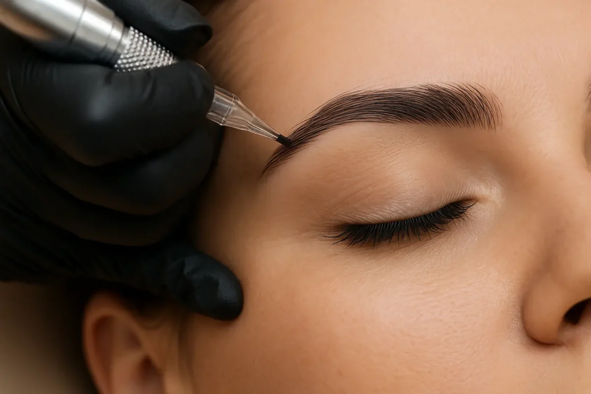 Técnica Hair Stroke de micropigmentación en cejas, primer plano realista con resultados naturales.