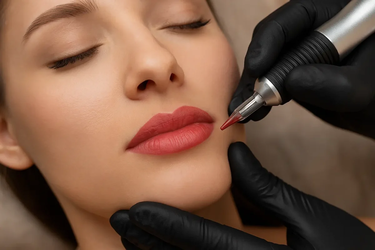 Micropigmentación de labios realizada por profesional con dermógrafo en un entorno estético.