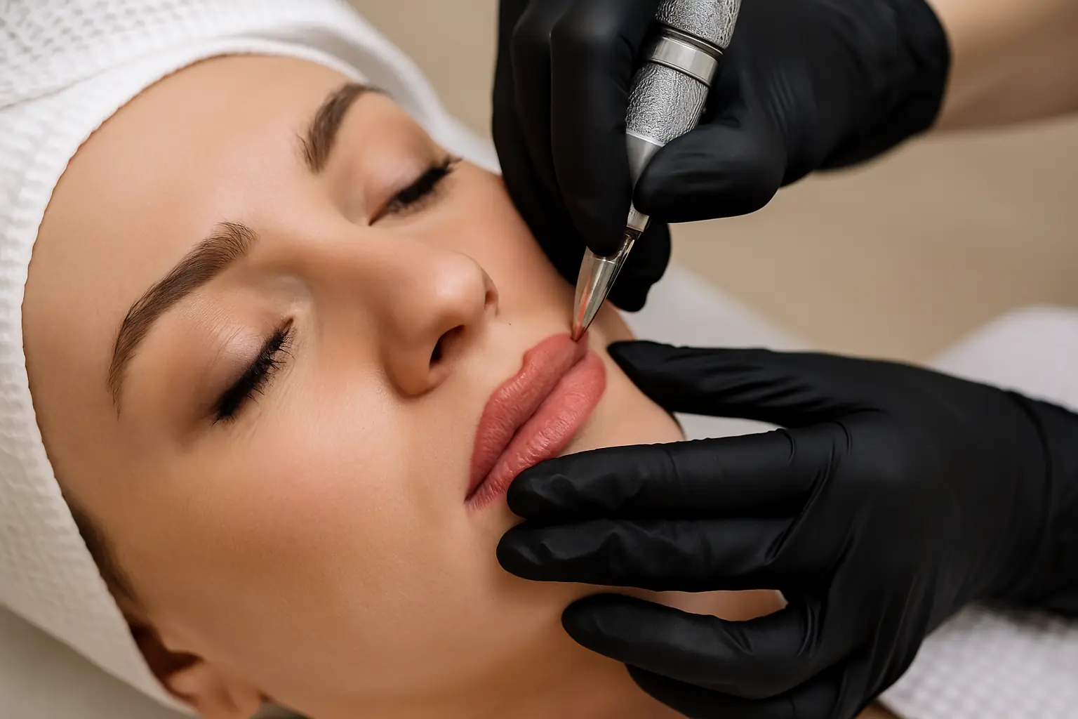 Procedimiento de micropigmentación de labios con dermógrafo en un entorno estético profesional.