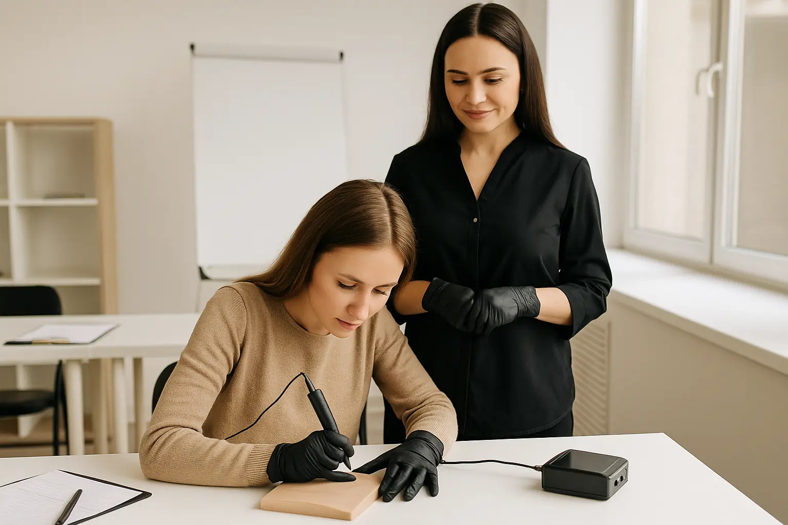 Alumna practicando micropigmentación sobre modelo en un curso intensivo, supervisada por su formadora.