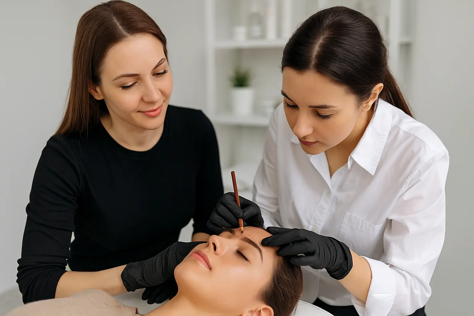 Formadora de micropigmentación enseñando a una alumna a diseñar cejas sobre una modelo en un entorno limpio y profesional.