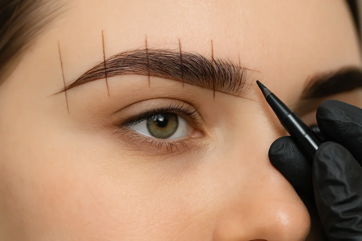 Primer plano de una ceja femenina con líneas de diseño y lápiz profesional durante una sesión de visagismo.