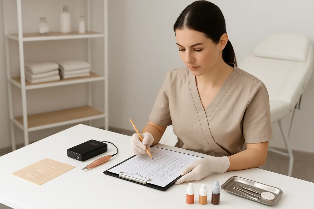 Profesional de estética analizando precios y materiales de micropigmentación durante una sesión formativa