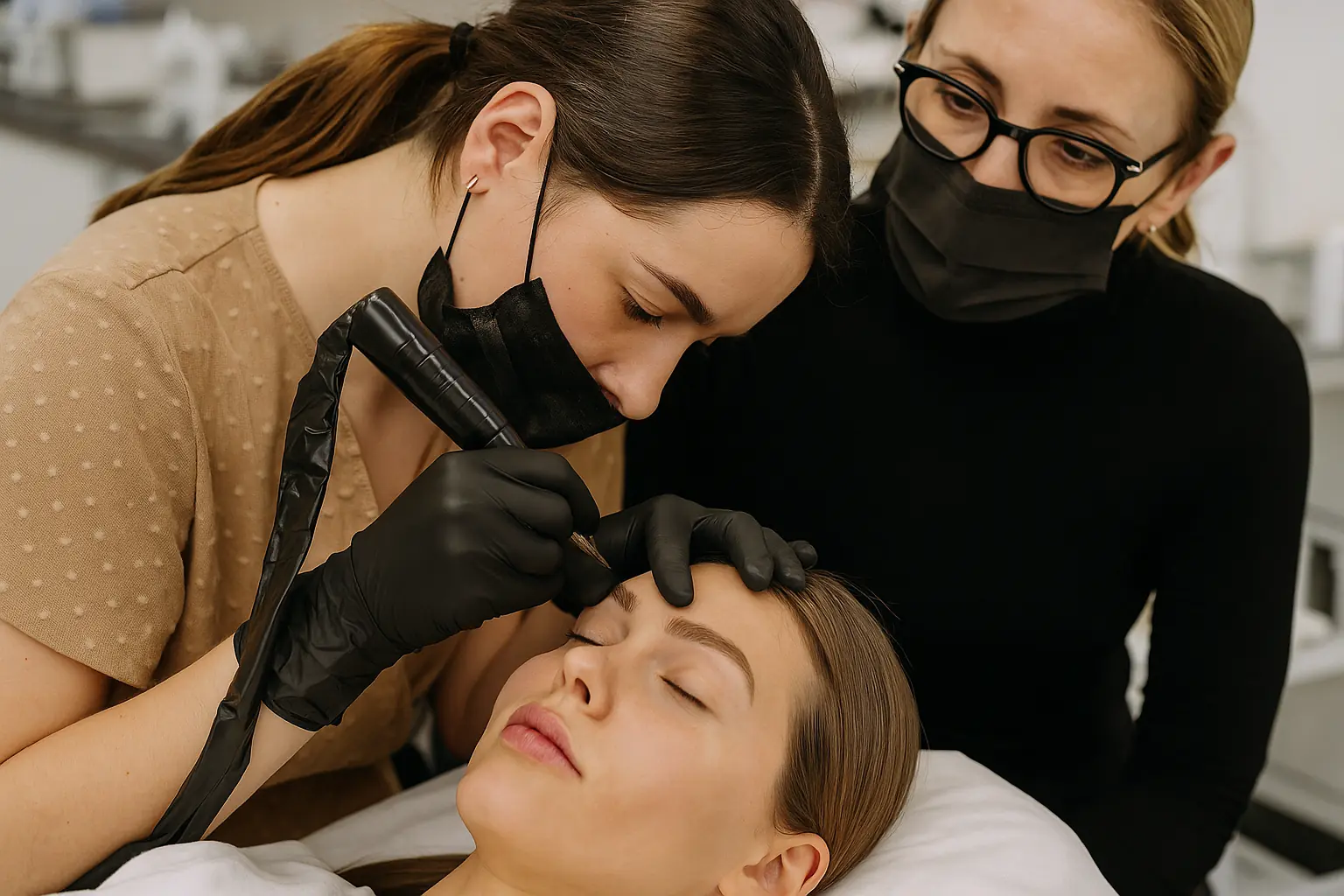 Alumna realizando micropigmentación sobre modelo real bajo la supervisión de su formadora