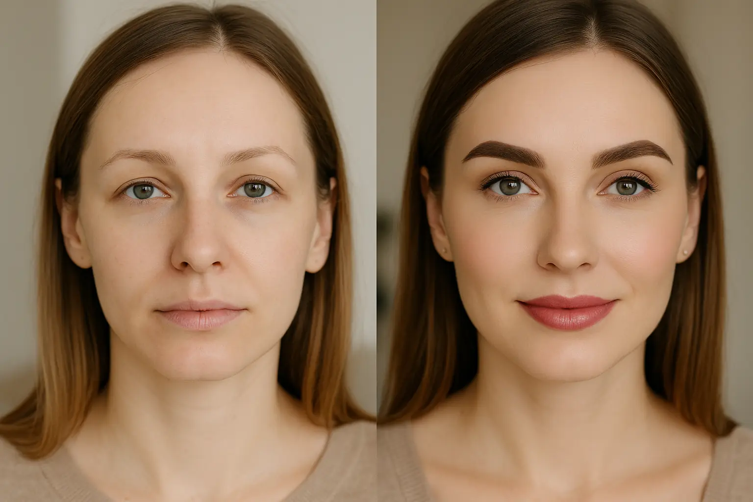 Comparativa antes y después de micropigmentación en cejas, labios y ojos con resultado natural.