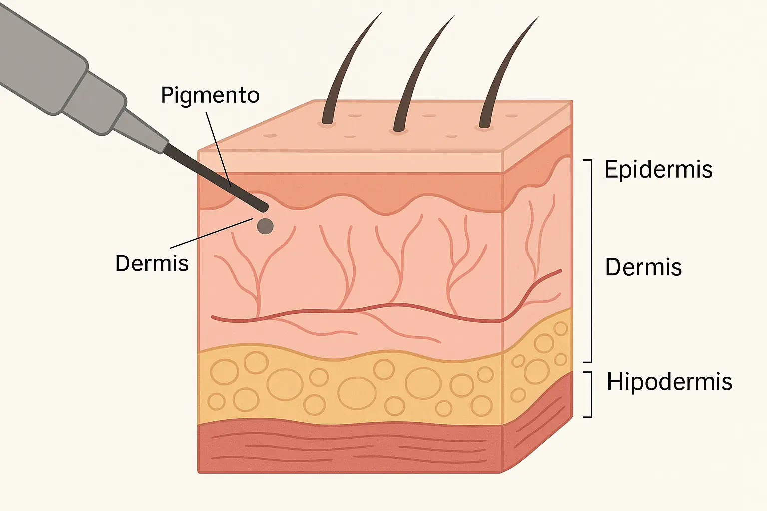 Infografía sobre la piel mostrando dónde se deposita el pigmento durante la micropigmentación.